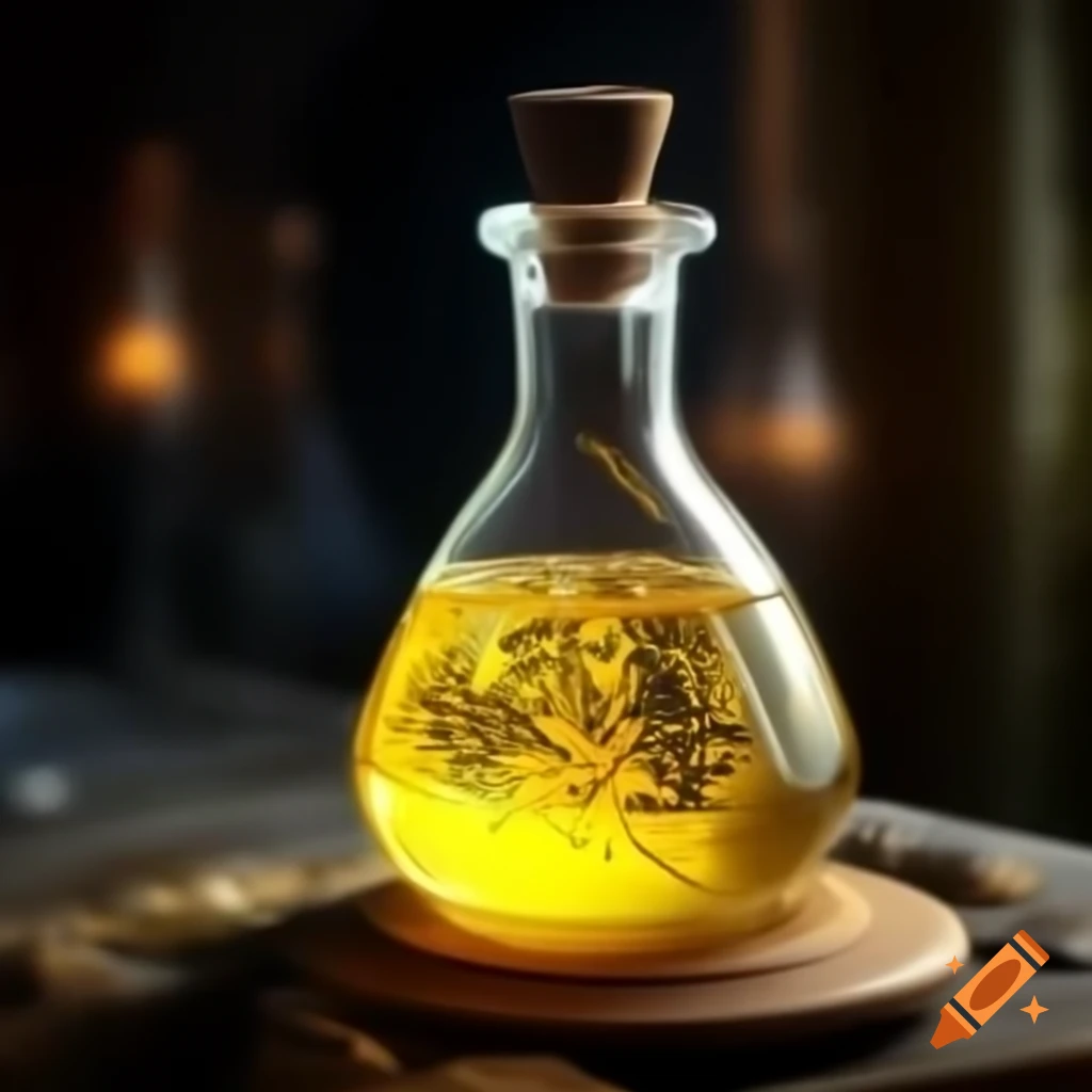 Glass flask containing yellow potion with runic inscriptions