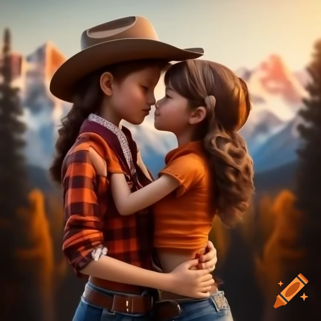Cowboy and girl kissing in autumn forest with sunlight