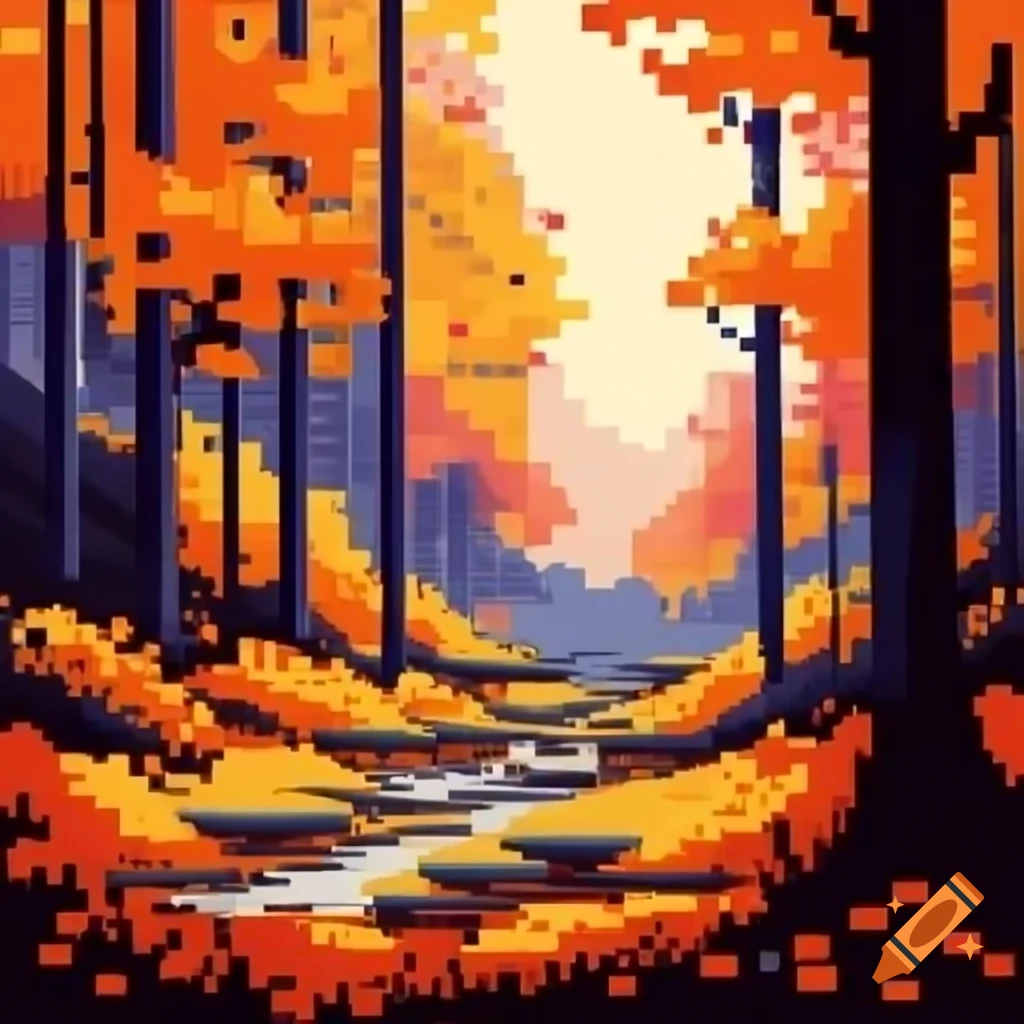Pixel art of vibrant autumn forest with saturated colors