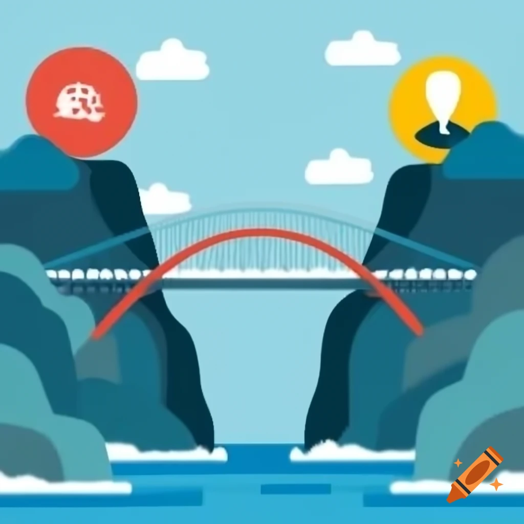 Bridge between cliffs labeled 'Hard Work' and 'Recognition', symbolizing effort and success