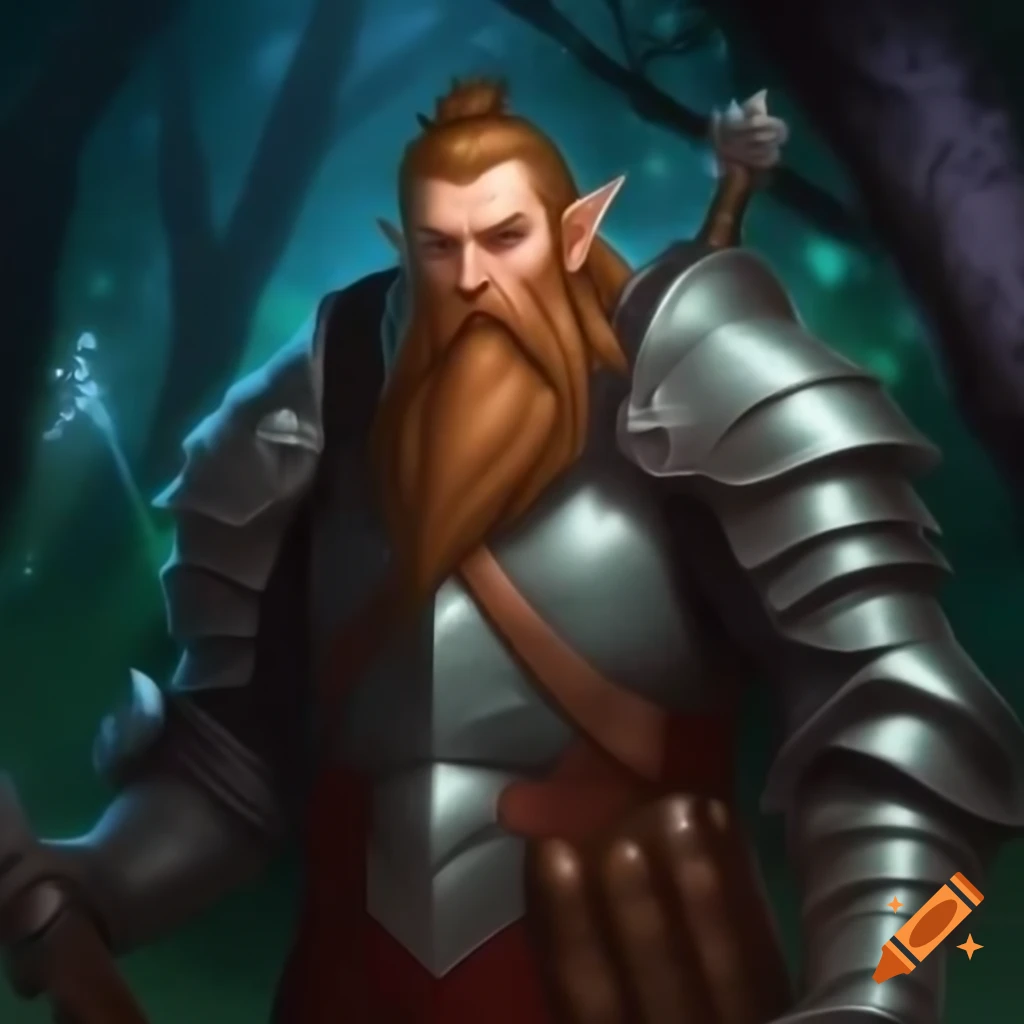 Male wood elf paladin in silver armor advancing through moonlit forest