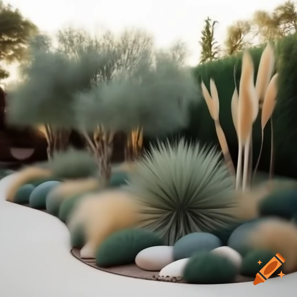 Beautifully designed yard with olive trees and decorative stones