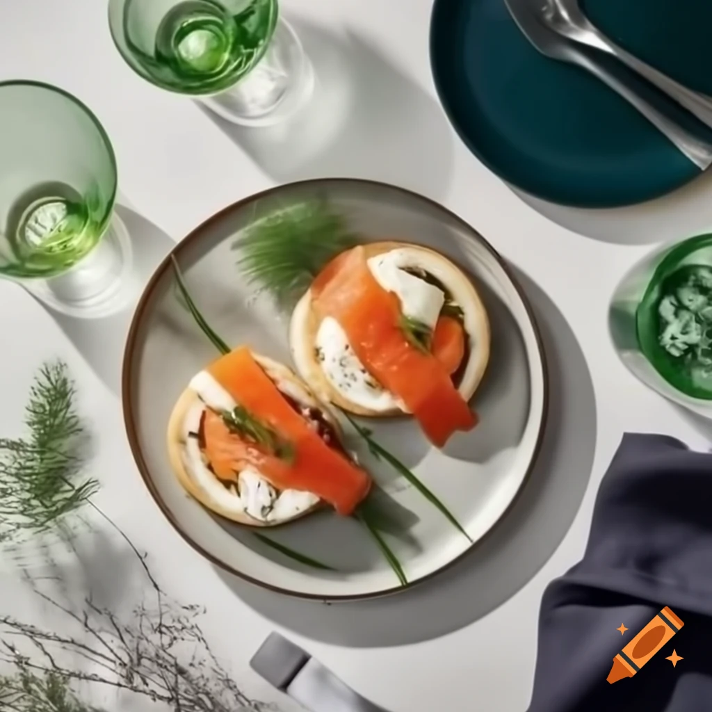 Gourmet smoked salmon and cheese bagels on an elegant designer plate