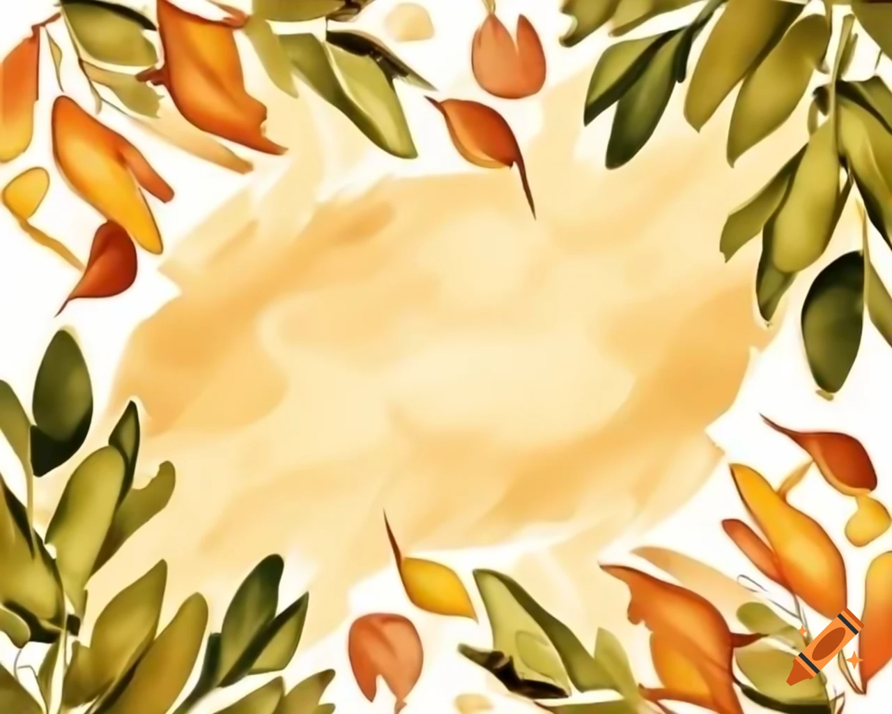 Autumn scene with soft grays and greens featuring golden leaves on the ground