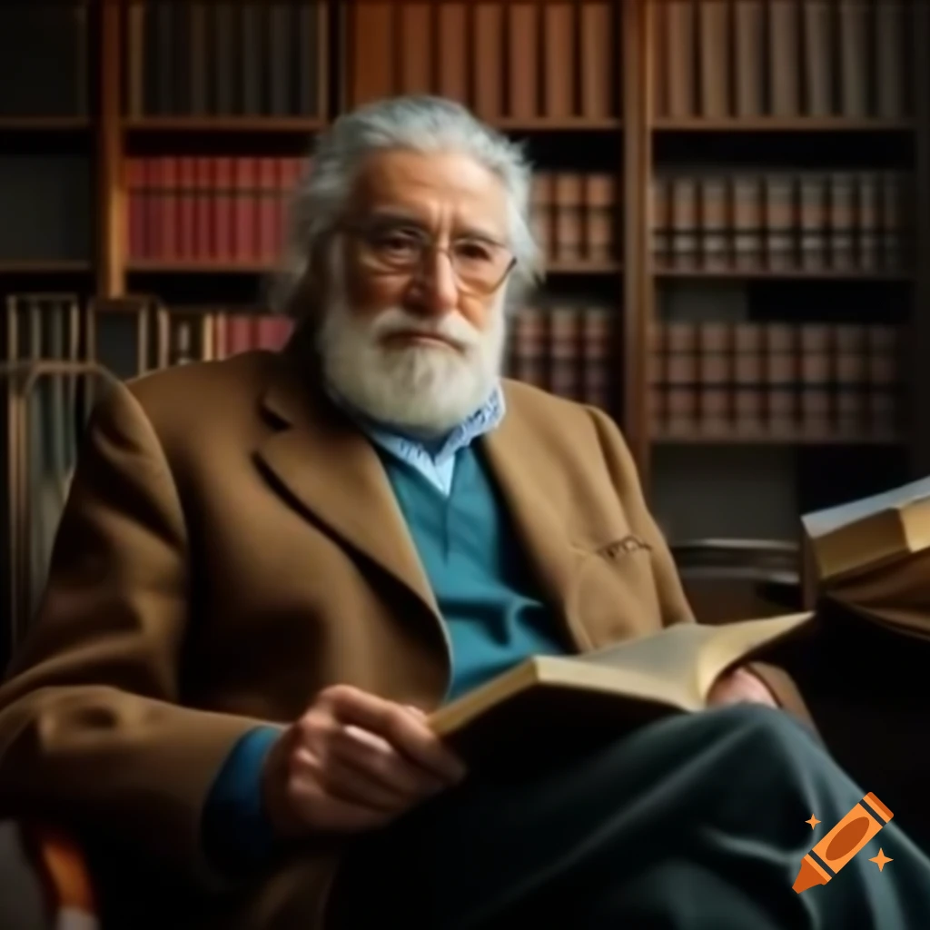 Distinguished elderly librarian with gray hair and beard