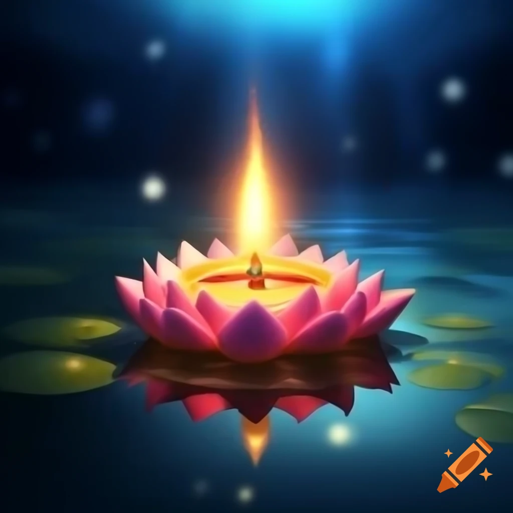 Glowing diya on lotus flower in water with soft waves and twinkling lights