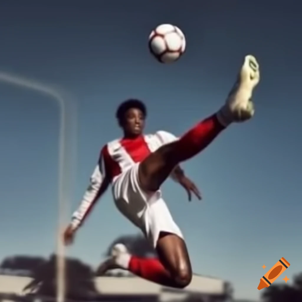 Male soccer player performing acrobatic spin in mid-air