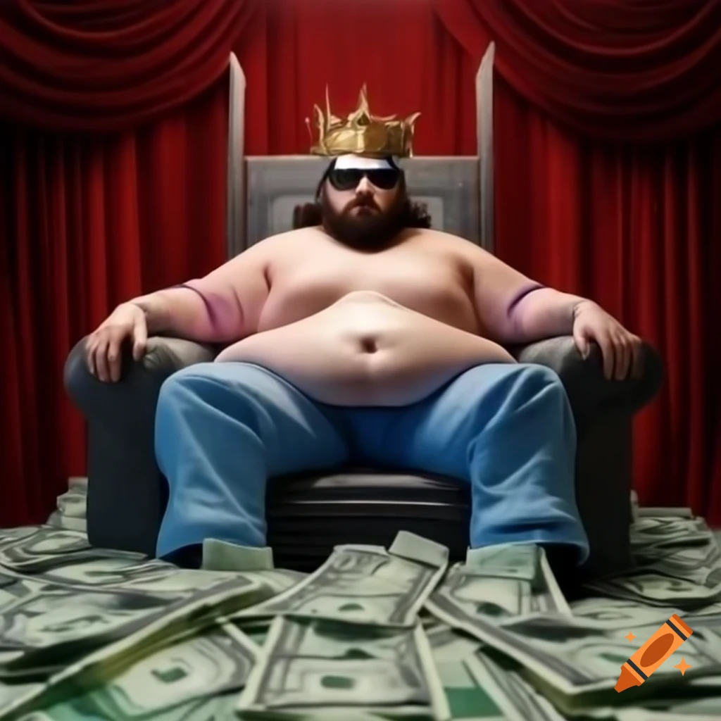 Man in sunglasses and crown sitting on throne of dollar bills with gold bars