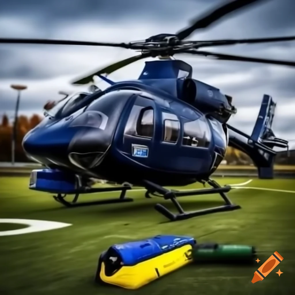 Rescue helicopter in dark blue and yellow flying over football field in fall