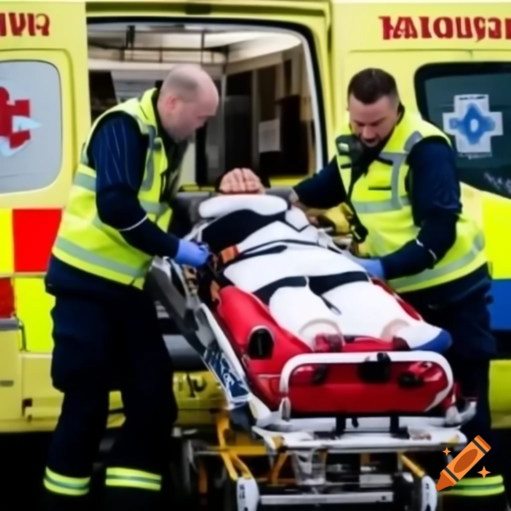 Medical team guiding stretcher with patient in emergency gear