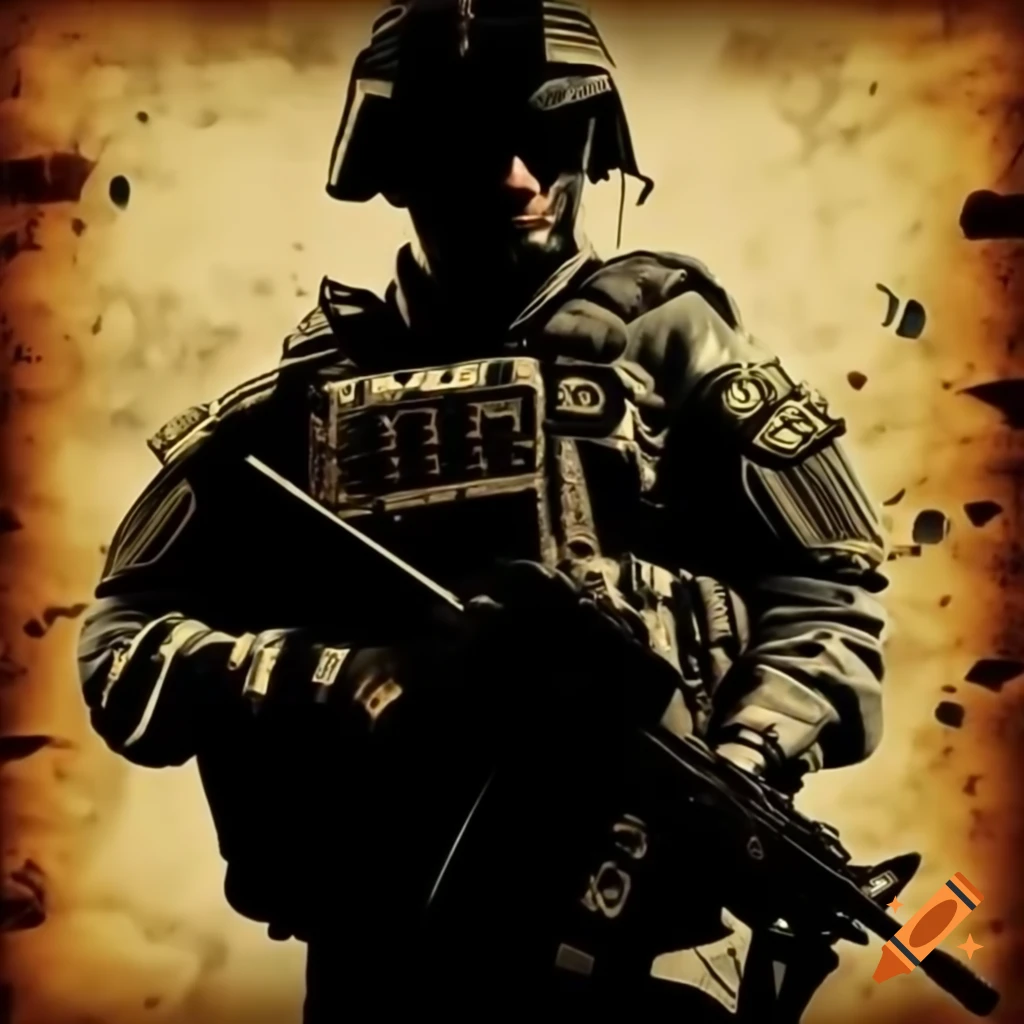 Silhouette of soldier in tactical gear on grunge background