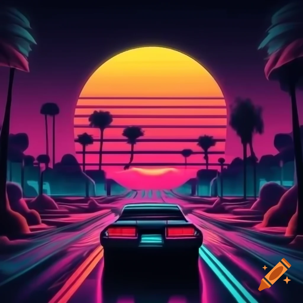 Retro 80s neon sunset with palm trees, gridlines, and futuristic car in vibrant colors