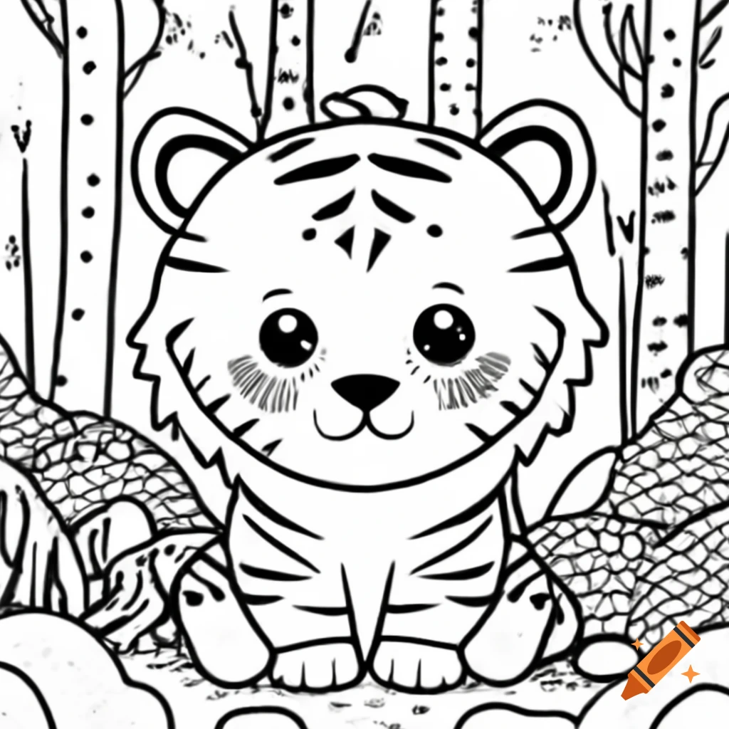 Cute tiger in forest line drawing for coloring page
