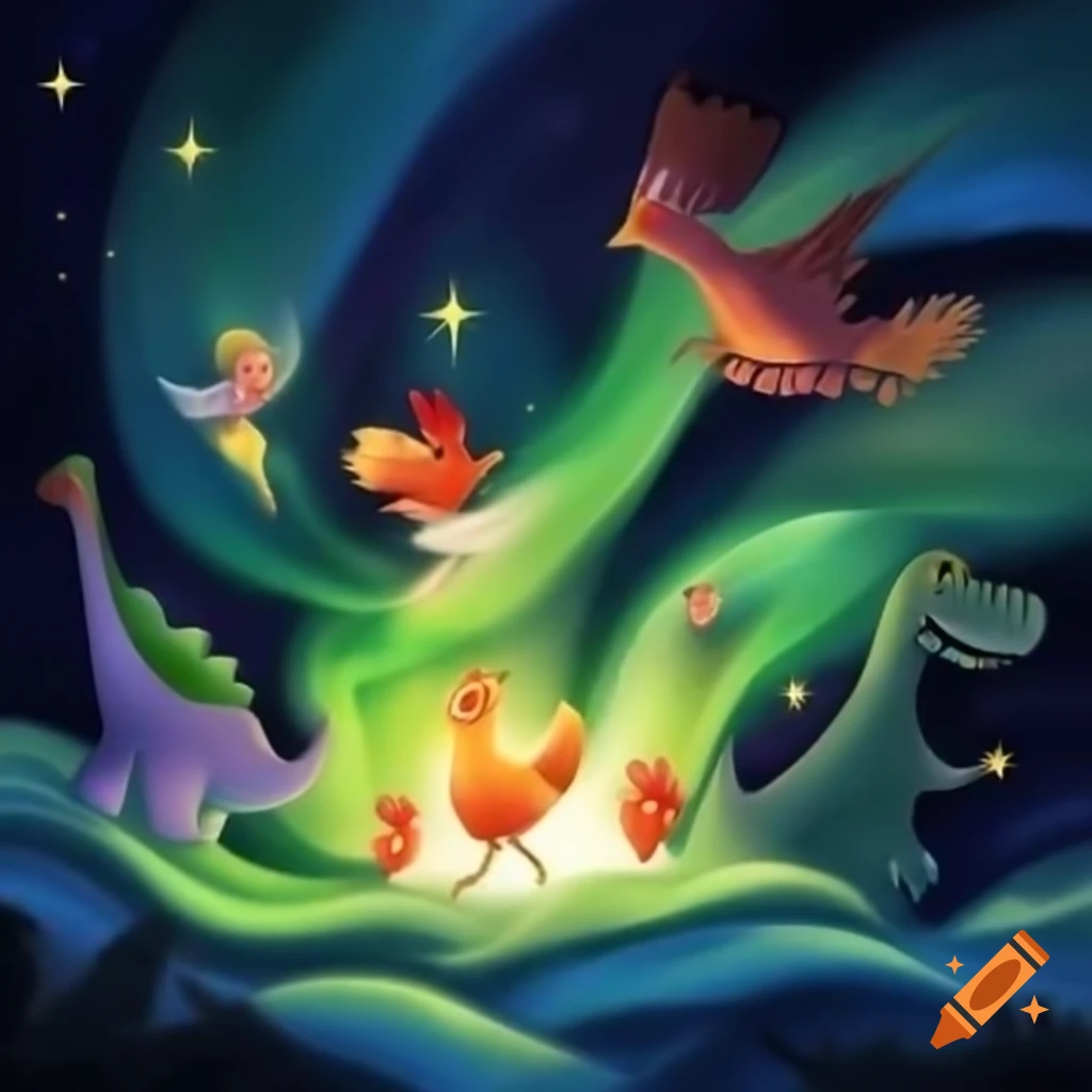Chickens, fairies, and dinosaurs dancing under Aurora Borealis lights