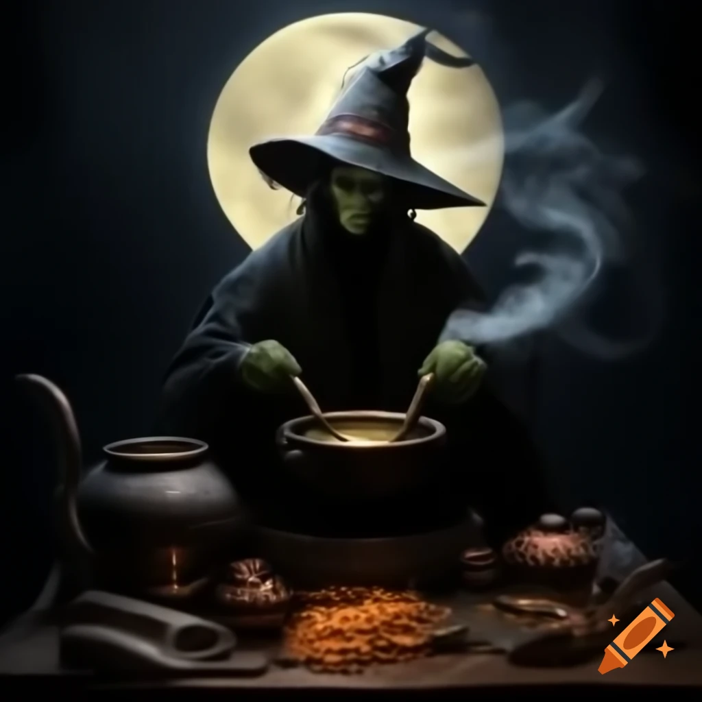 Shadowy witch stirring cauldron over copper mash tun under full moon