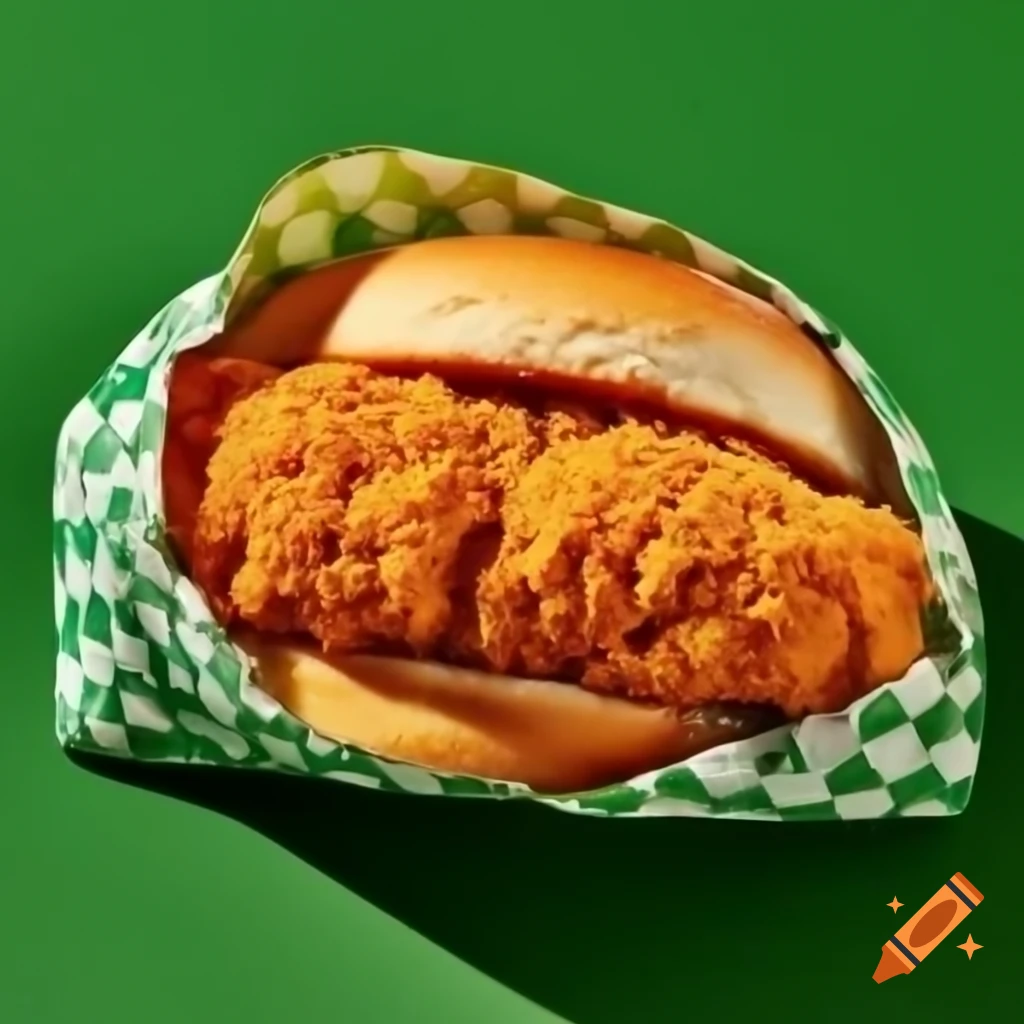 Breaded chicken sandwich in green and silver checker wrapper on Craiyon
