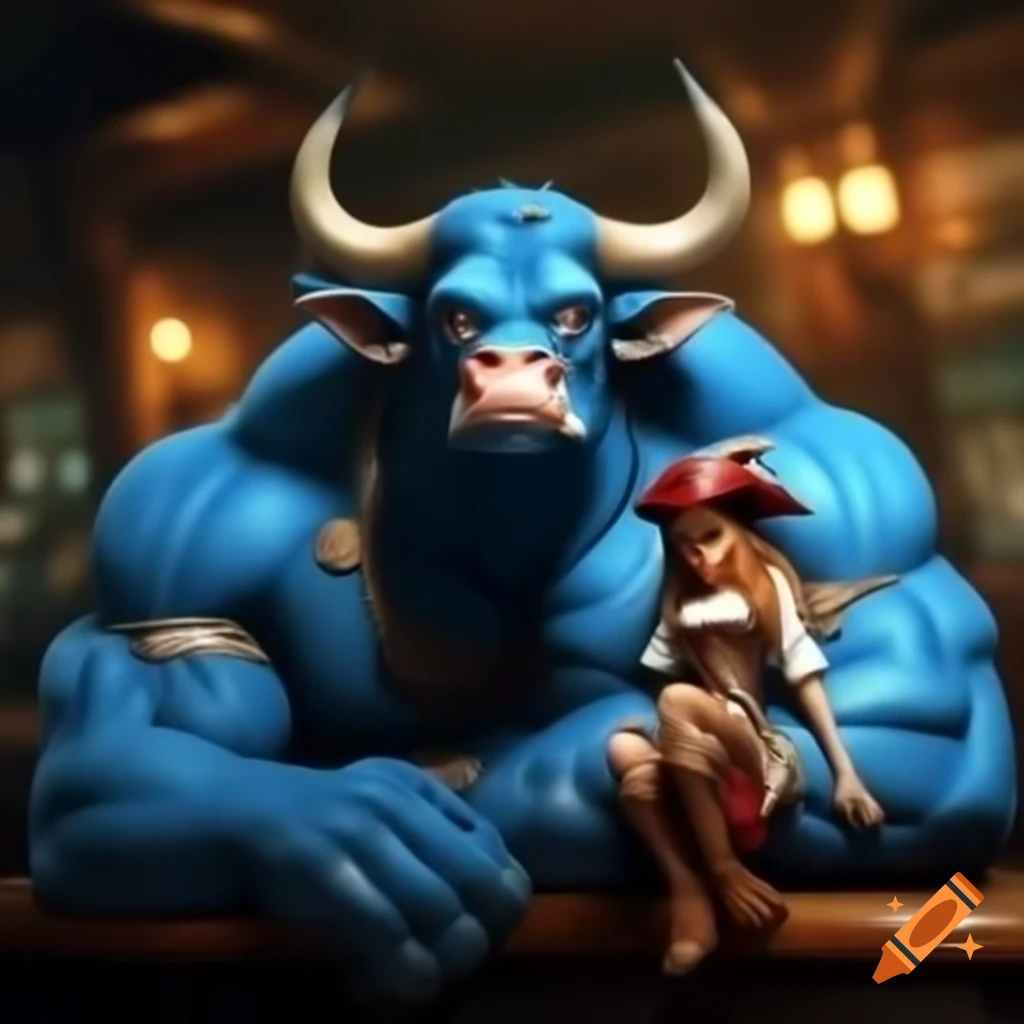 Pirate fairy sitting on shoulder of muscular blue Minotaur in a pub setting