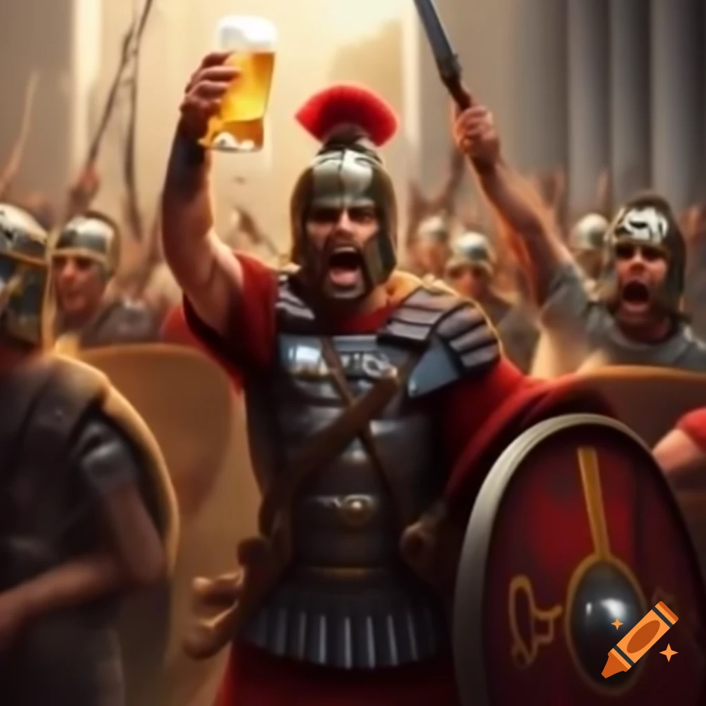 Two Roman soldiers cheerfully toasting with beer
