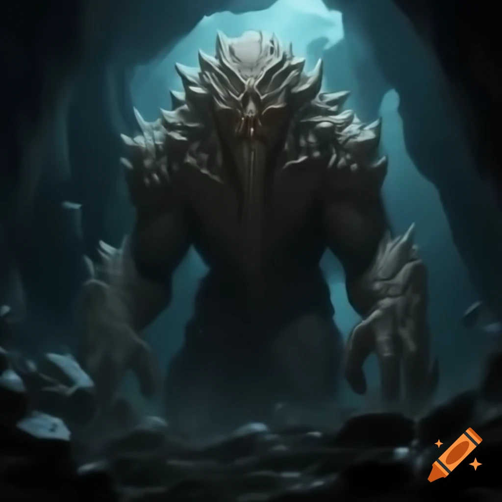Gigantic stone creature in dark fantasy cave