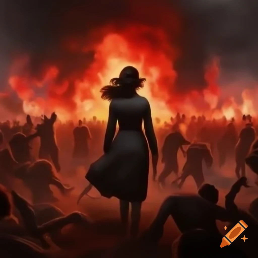 Woman standing defiantly in imagined conflict scene, reflecting tragedy of war, 1945