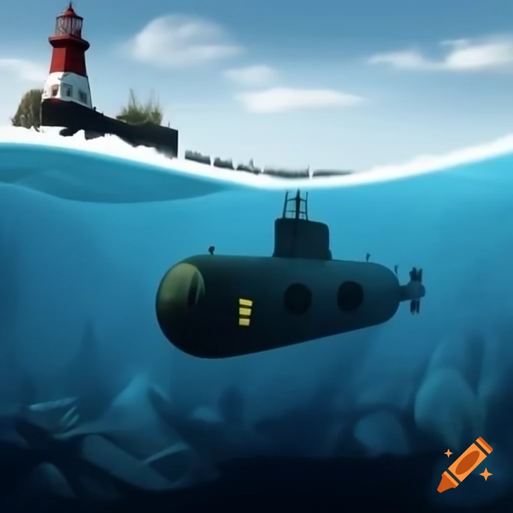 Submarine underwater approaching a lighthouse