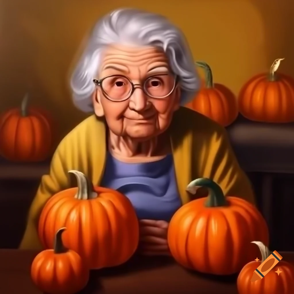 Grandma picking pumpkins in a field