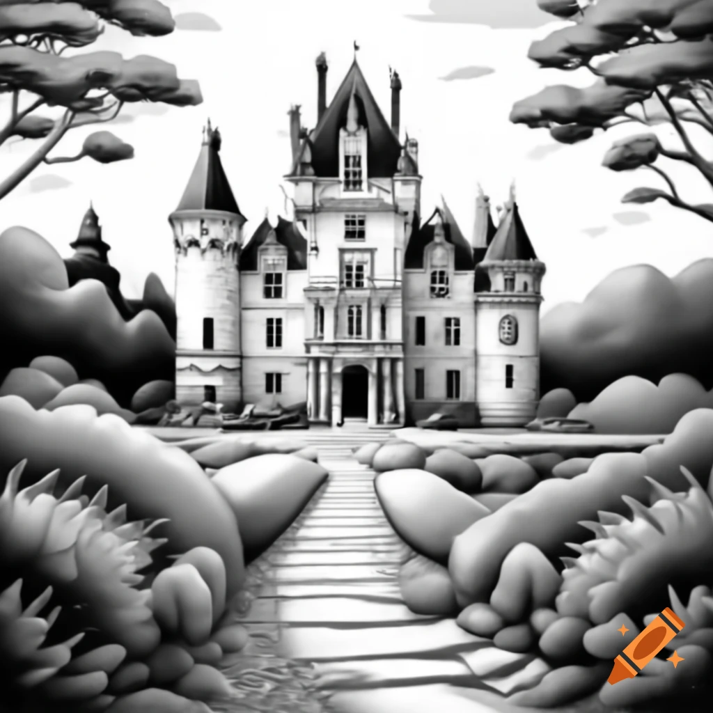 Black and white drawing of a castle with a path emerging from a book in ...