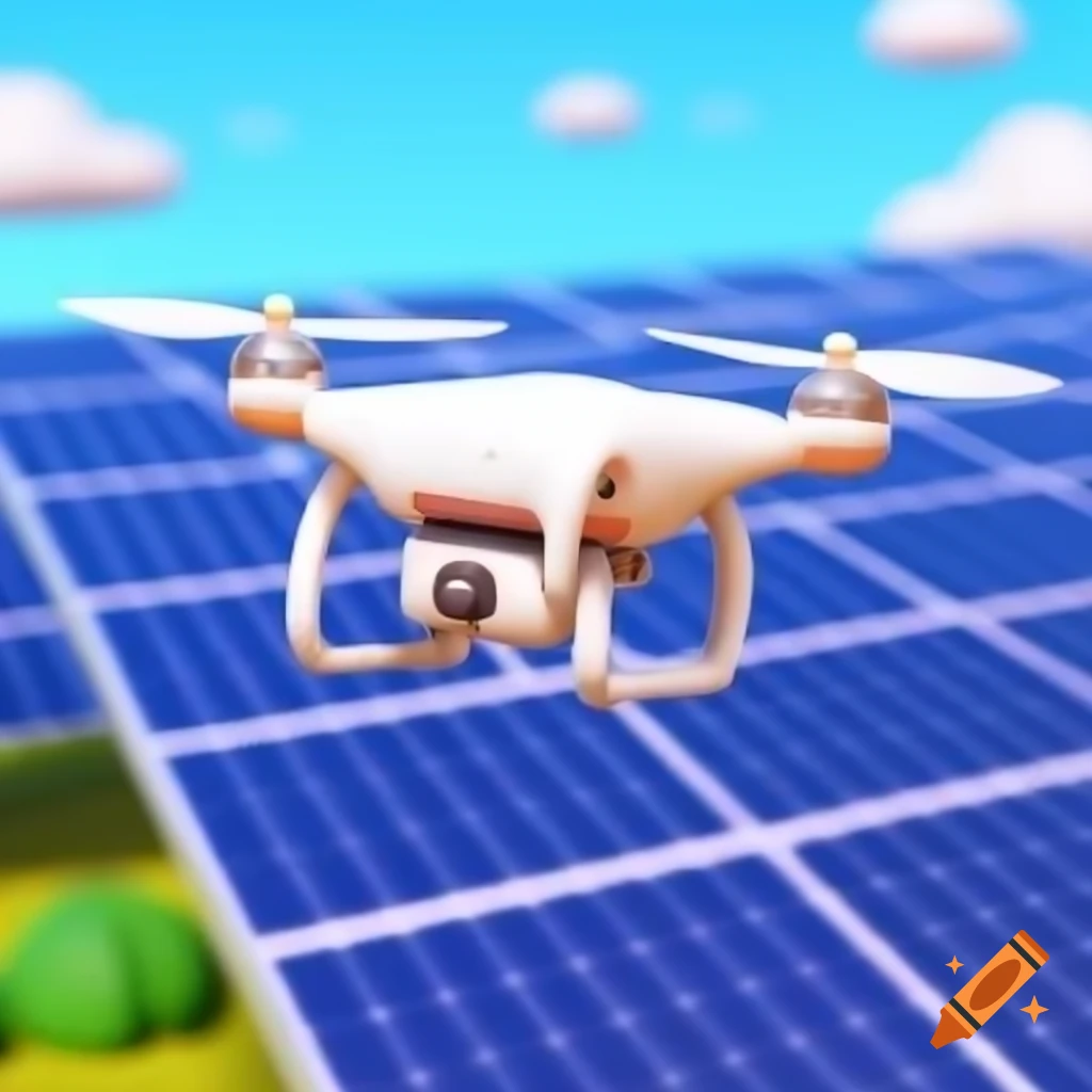Cute cartoon drone flying over solar panels with big eyes