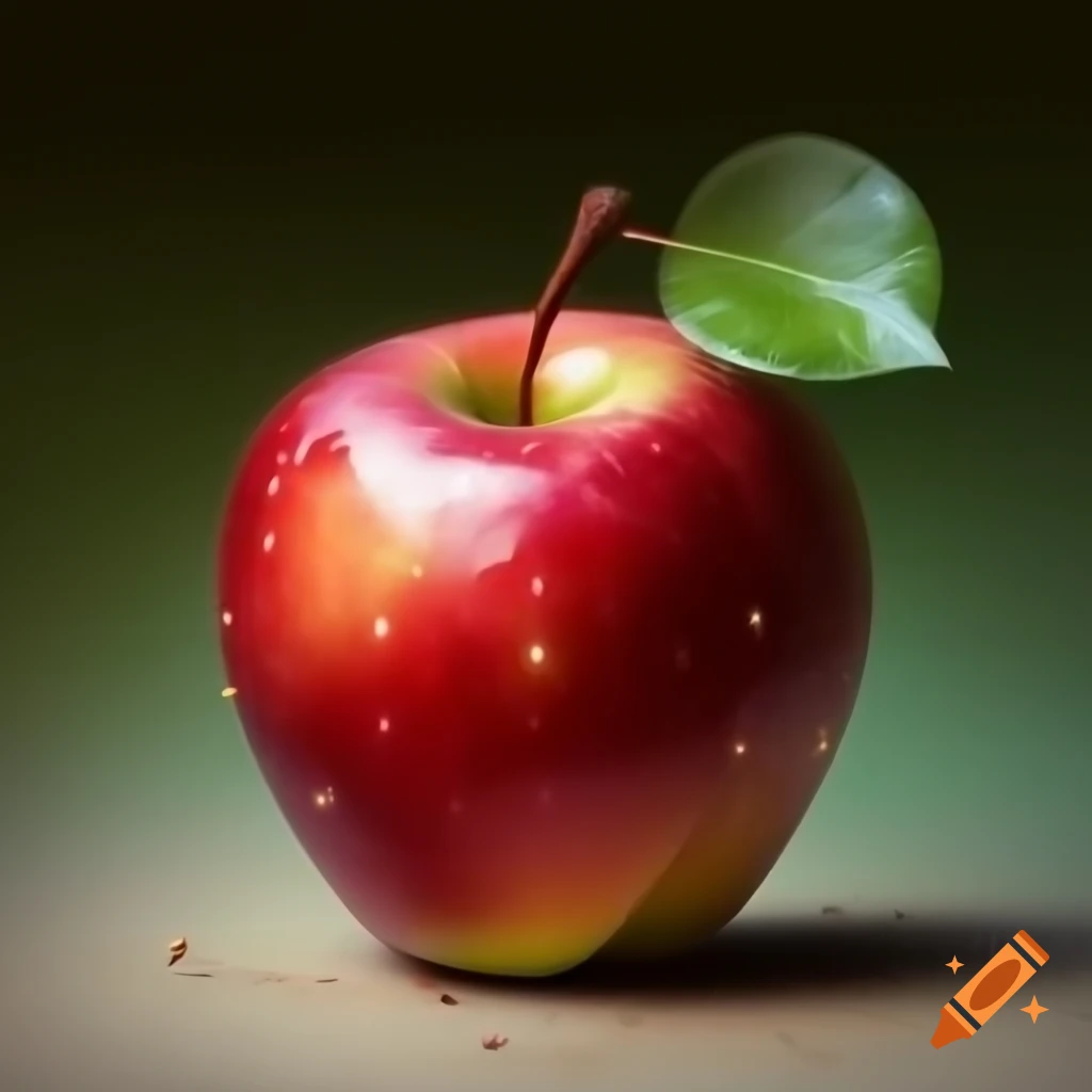 Highly detailed digital illustration of a bright red glossy apple in still life composition
