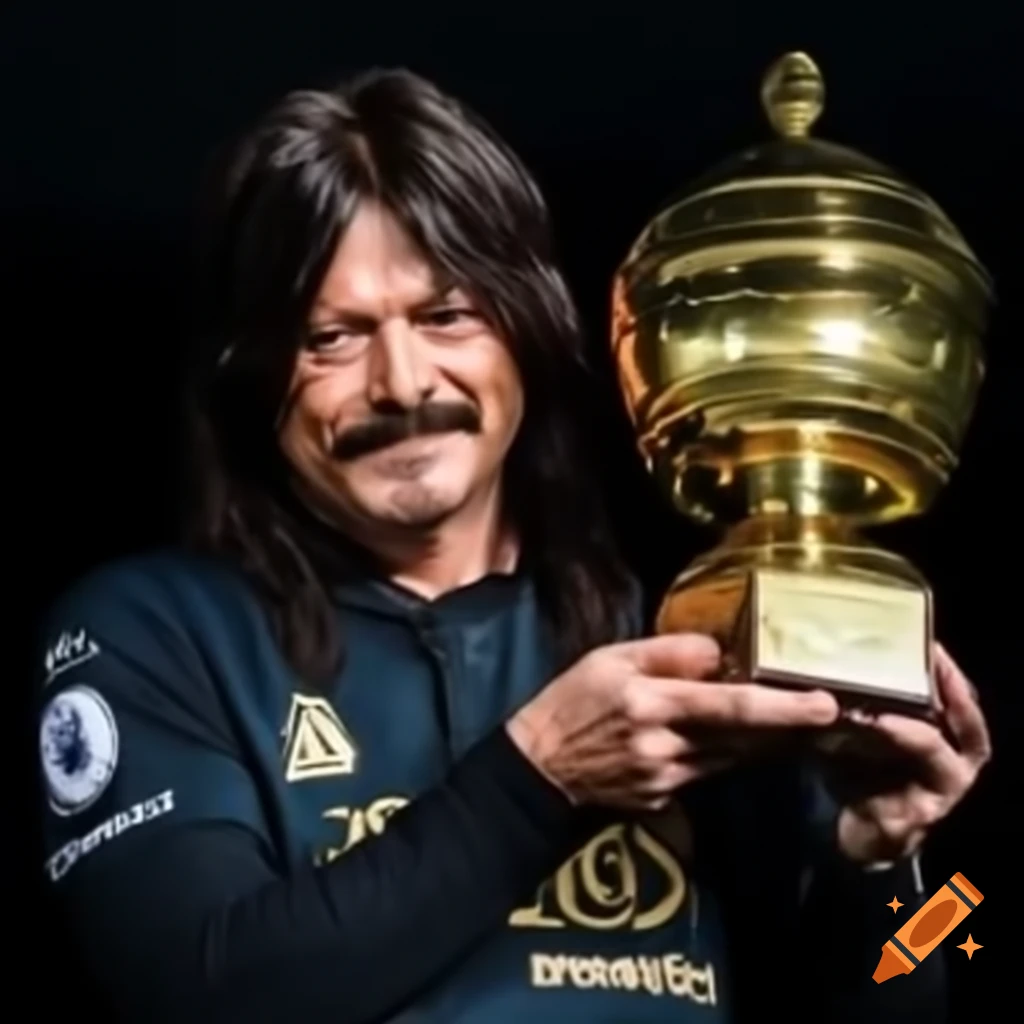 Turkish character with mustache holding golden trophy engraved with cs2 logo