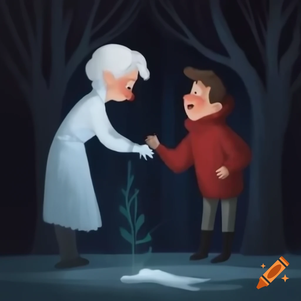 Mysterious old woman in white with red eyes appearing before two friends by a tree