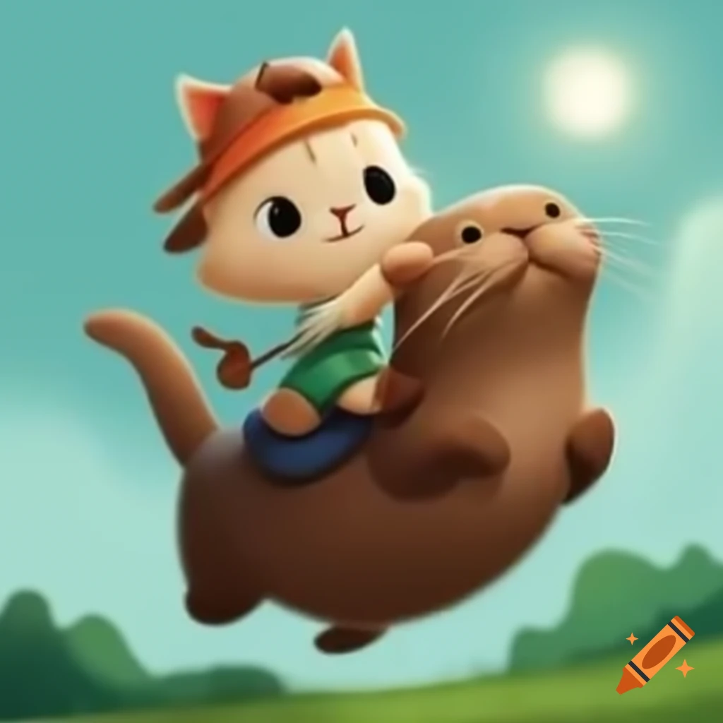 Cat riding an otter in a playful scene