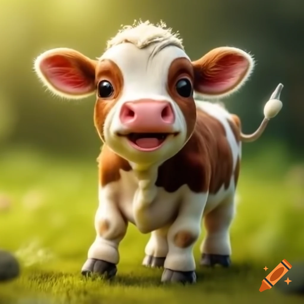 Realistic cute small cow walking with a smiling expression