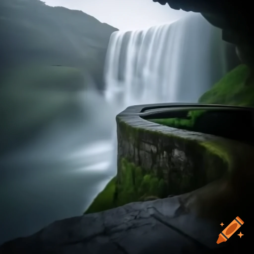 Misty waterfall cascading over stone wall into haze