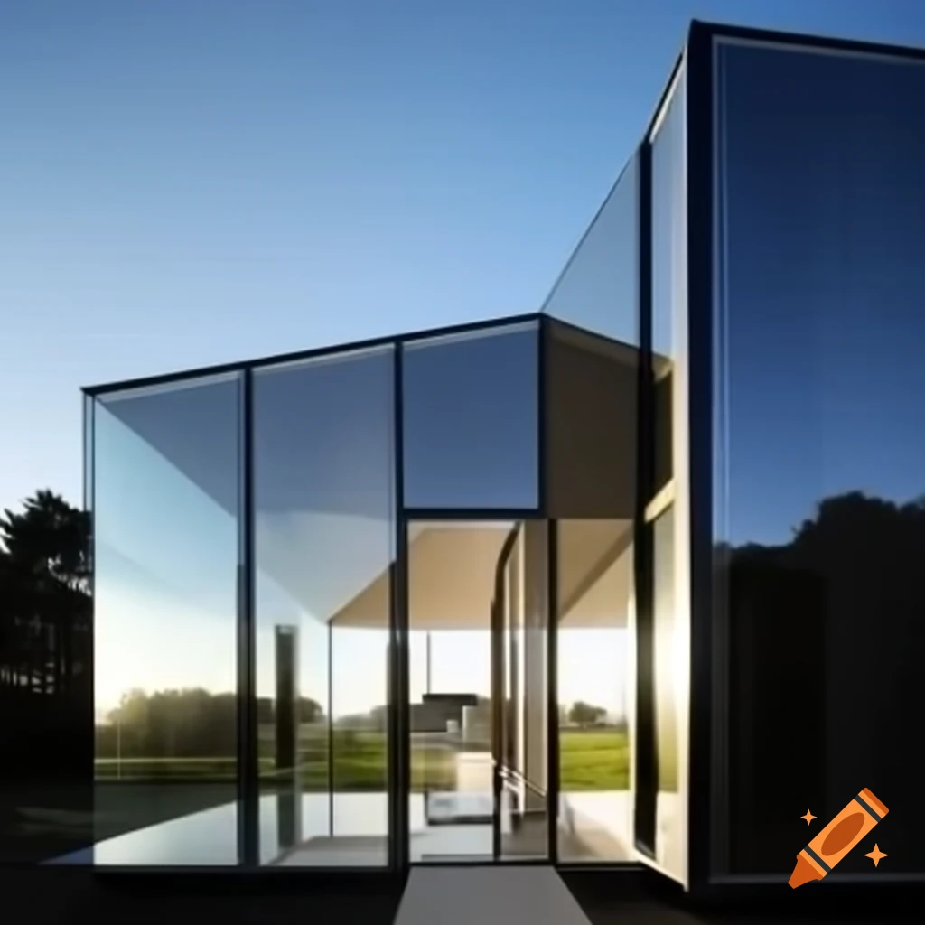 Modern house with glass facade and solar panels, front view