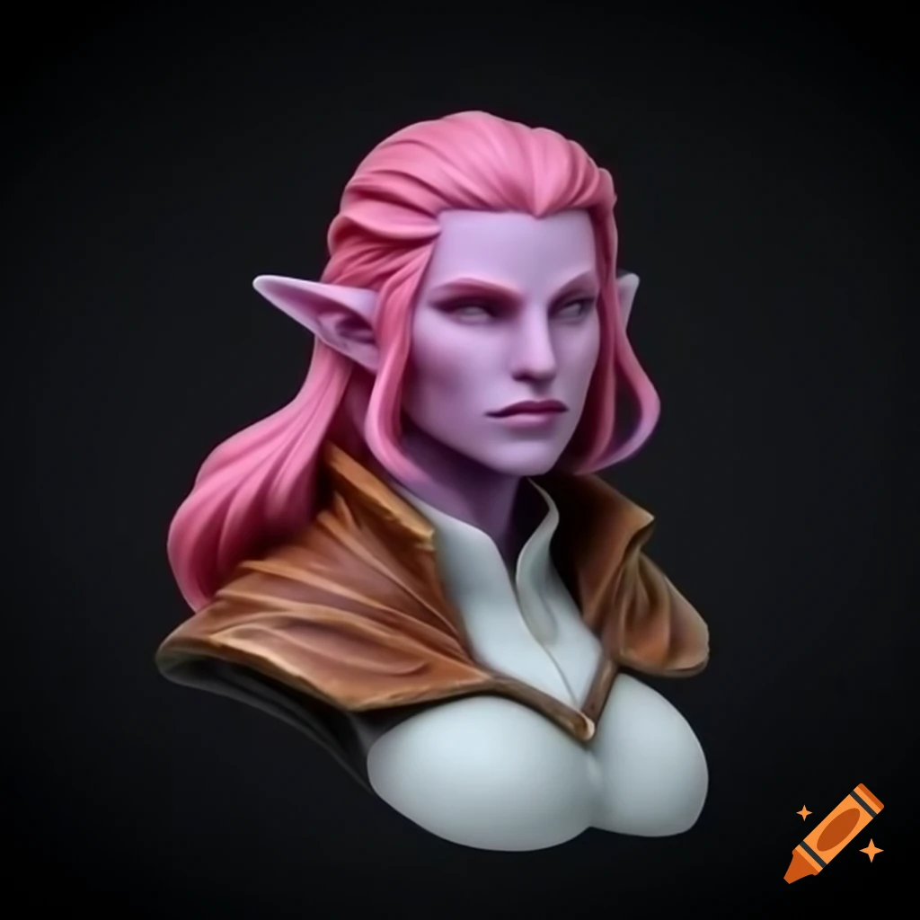 DND miniature of an eladrin cleric with pink hair and soft features