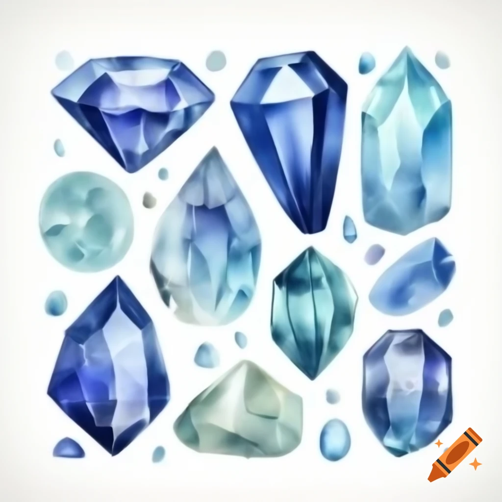 Various quartz gemstones on white background in hand-drawn watercolor style