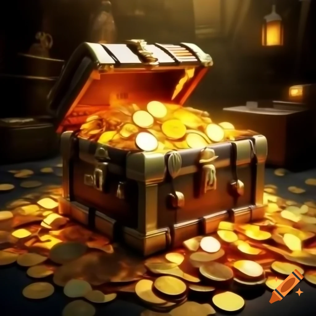 Magical treasure chest overflowing with gold coins against treasure background