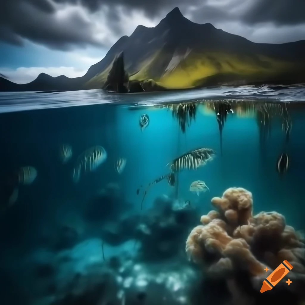 Mystical saltwater mountain lake with colorful fish and coral underwater
