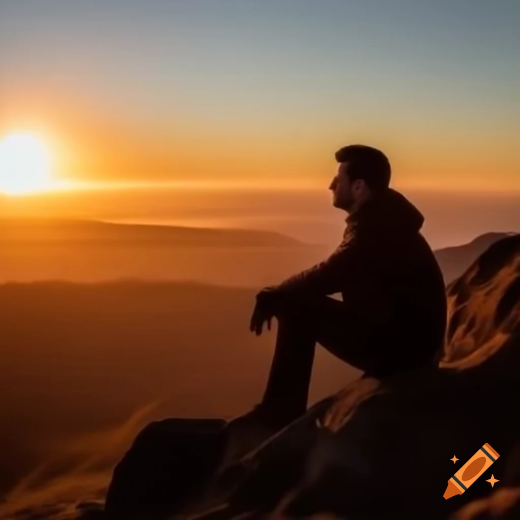 Man sitting quietly on mountain gazing at horizon, reflecting on conversation