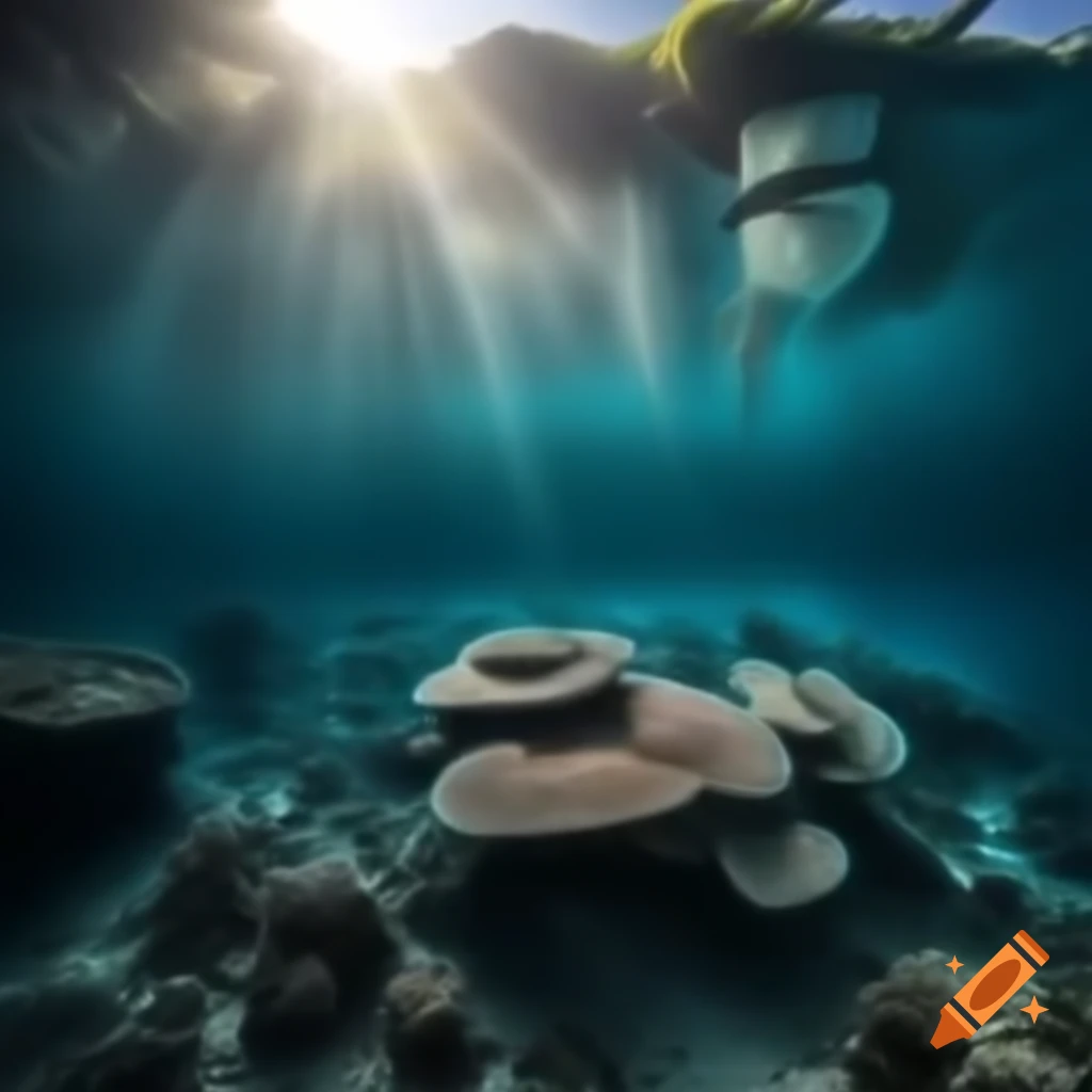 Mystical saltwater mountain lake with colorful fish and coral underwater