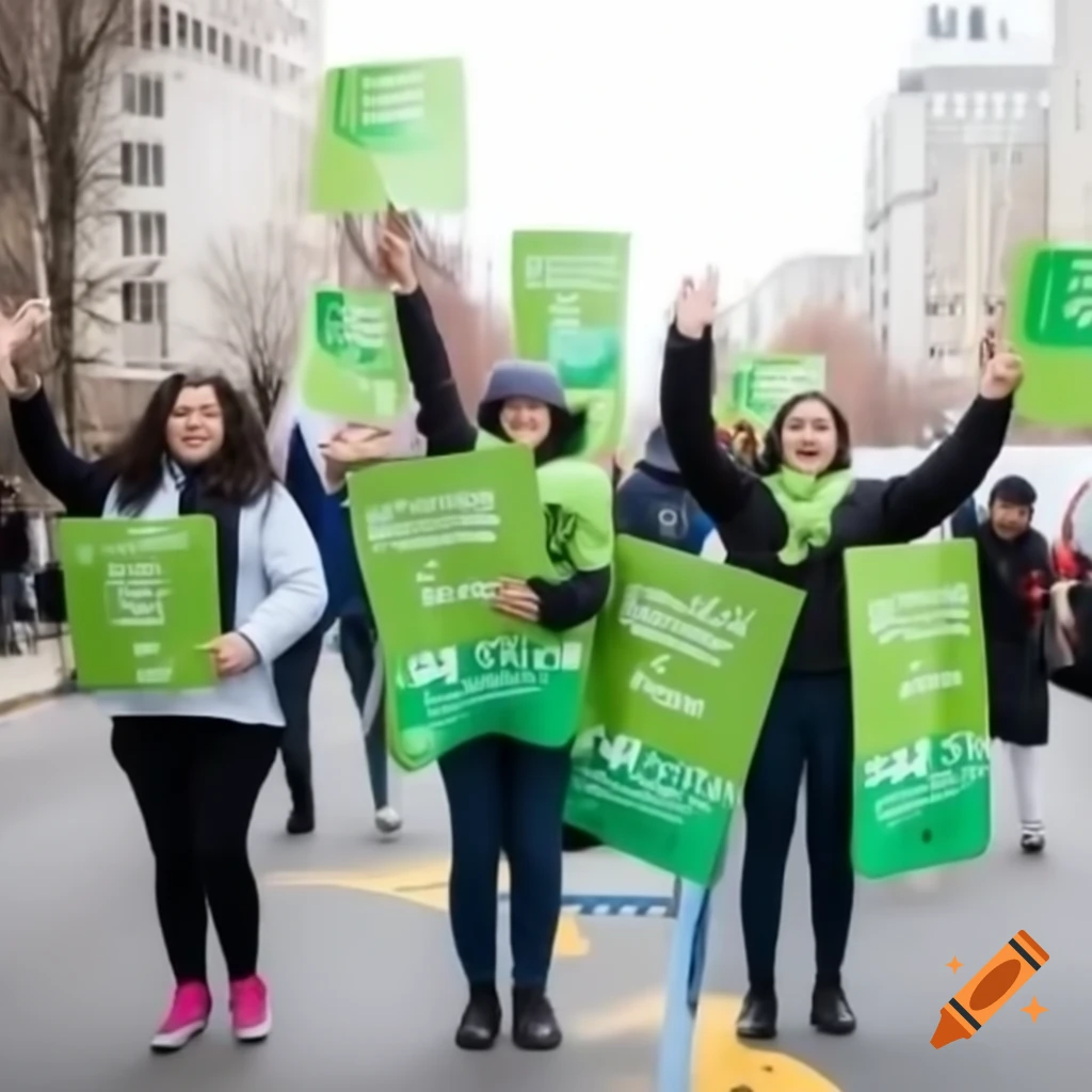 Youth activists promoting greener future in lively demonstration with banners