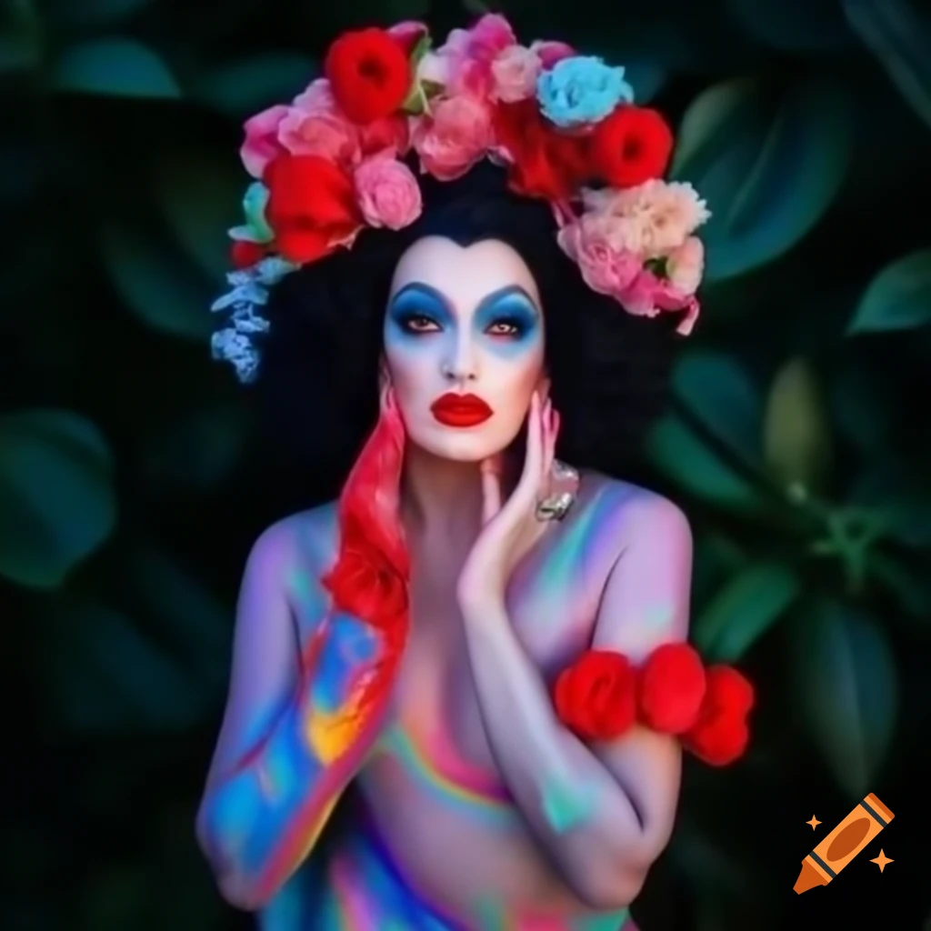 Garden of Eden themed drag queen costume with multi-colored iridescent dress