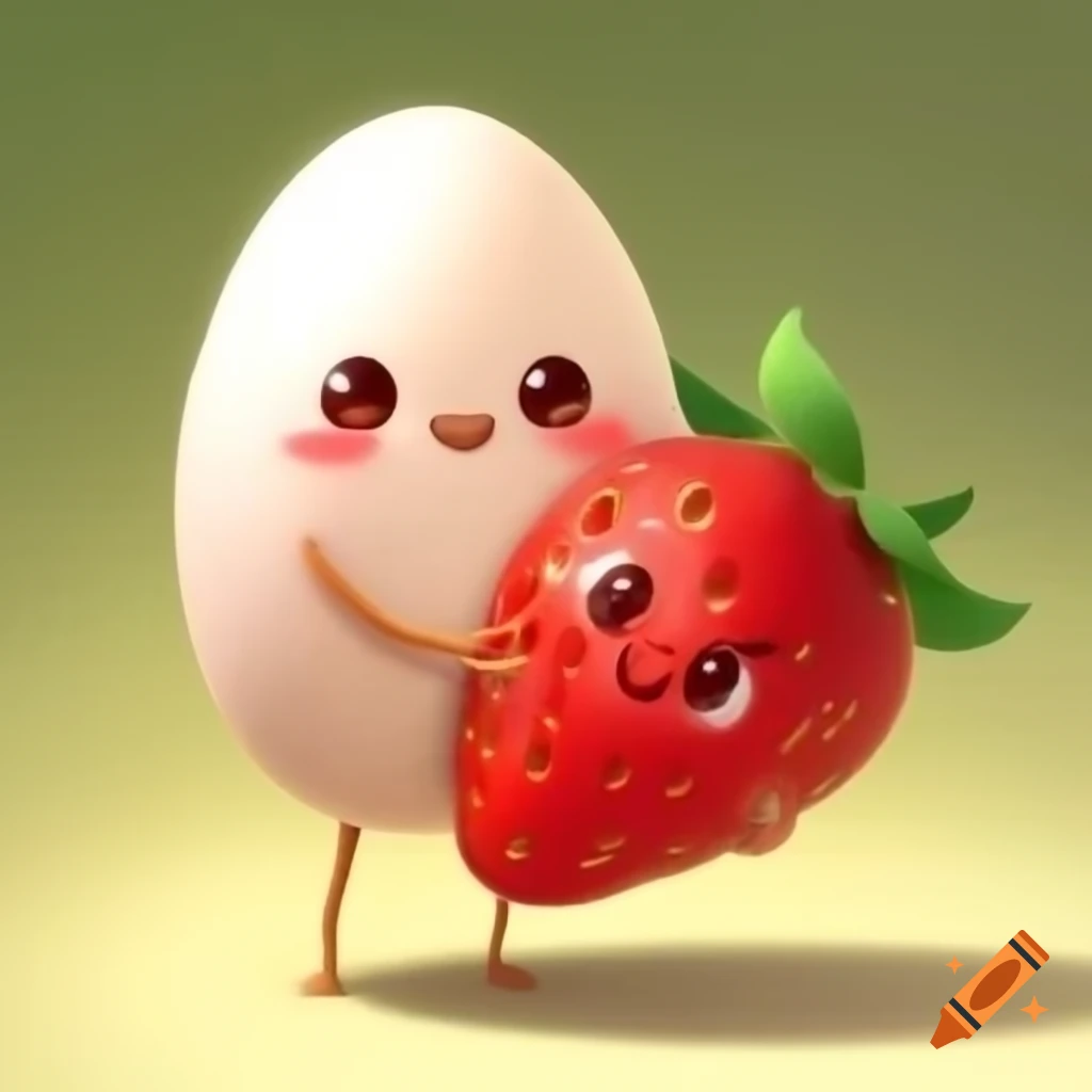Cute egg hugging a cute strawberry