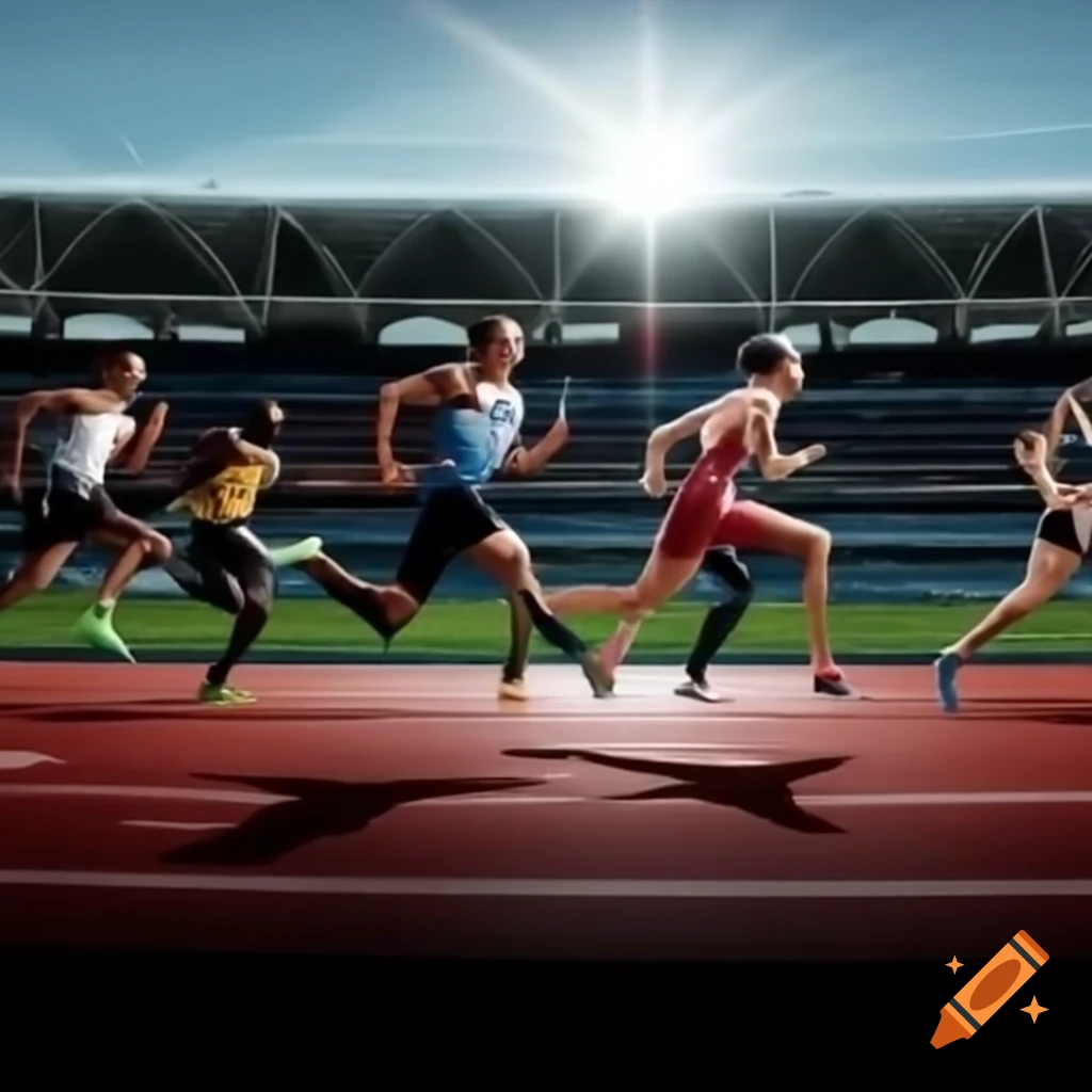 Sprinters in starting positions on a professional track for 100-meter race
