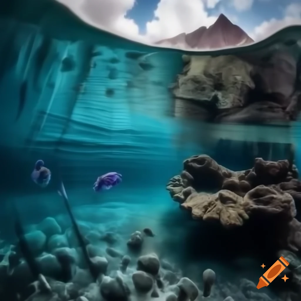 Mystical saltwater mountain lake with colorful fish and coral underwater