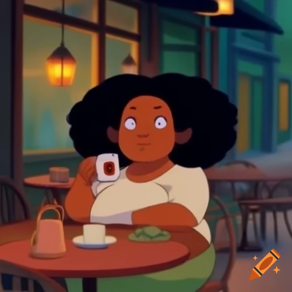 Ghibli studio style animation of a chubby black woman enjoying tea at a fall cafe