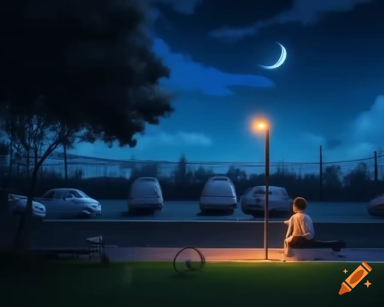 Boy on bench in volleyball park at night with stars and moon