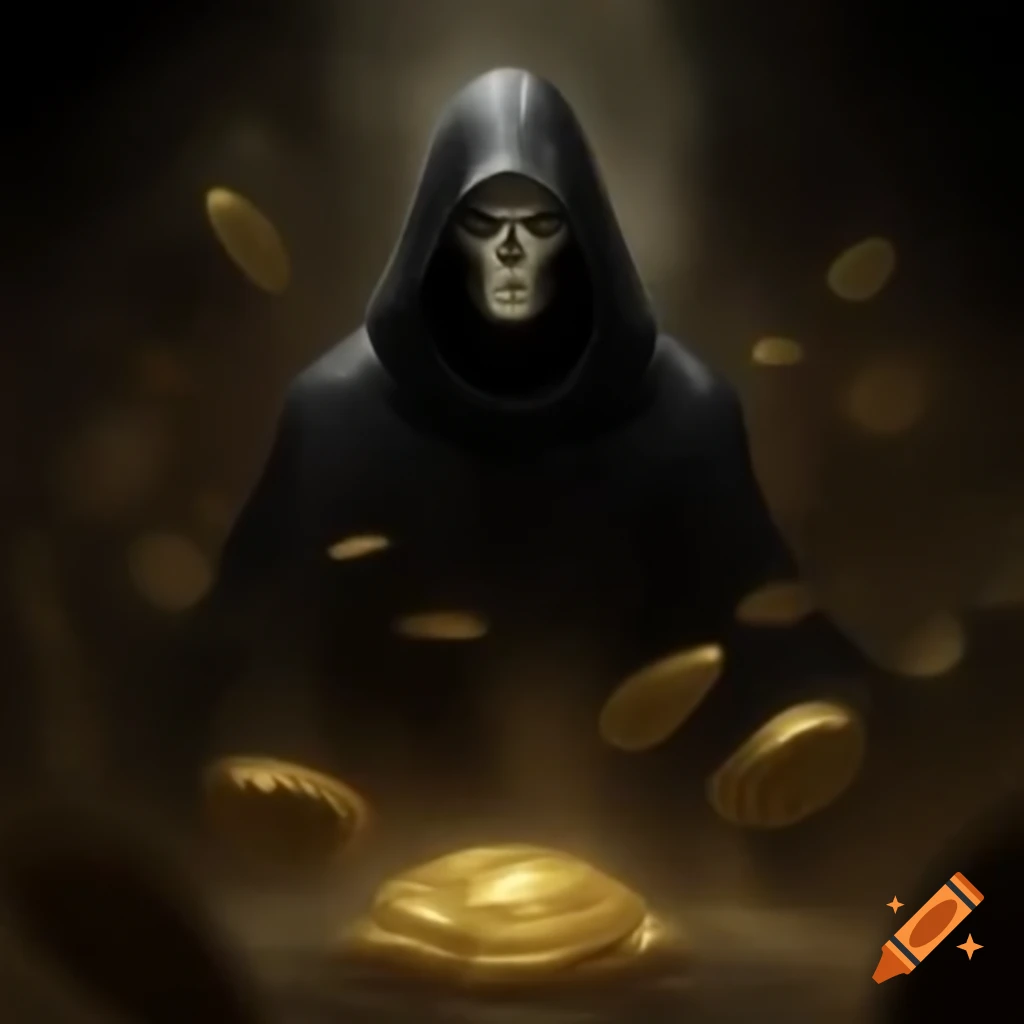 Mysterious cloaked figure performing wealth ritual in shadows
