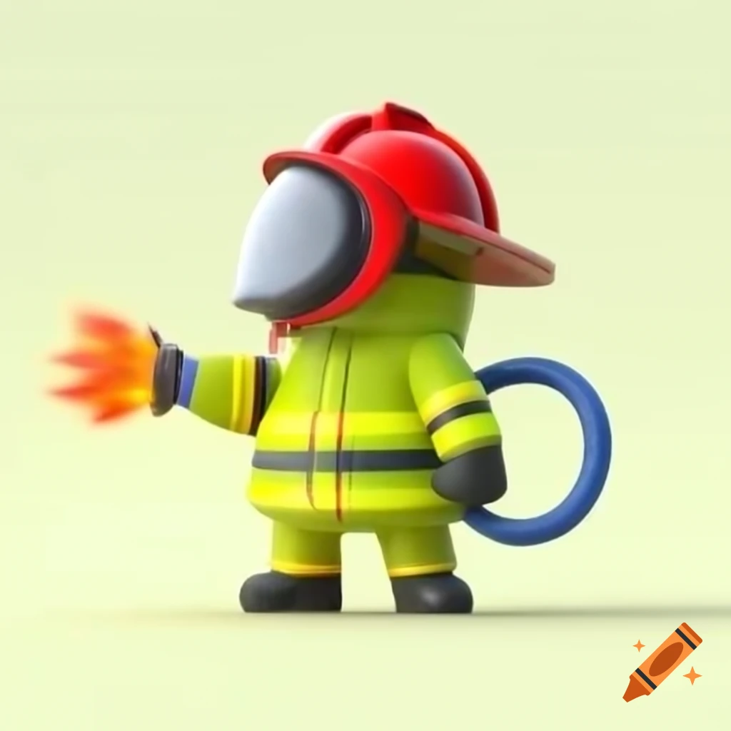 Cartoon firefighter in lime suit extinguishing flames with hose